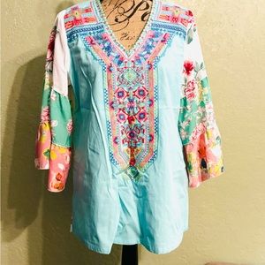 Calessa top, bright multi colored 3/4 sleeve. Great for spring and summer